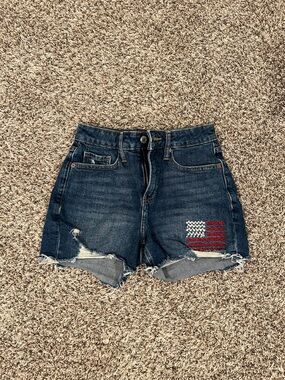 Old Navy Dark Blue Denim Women's Distressed Shorts with Flag Embroidery